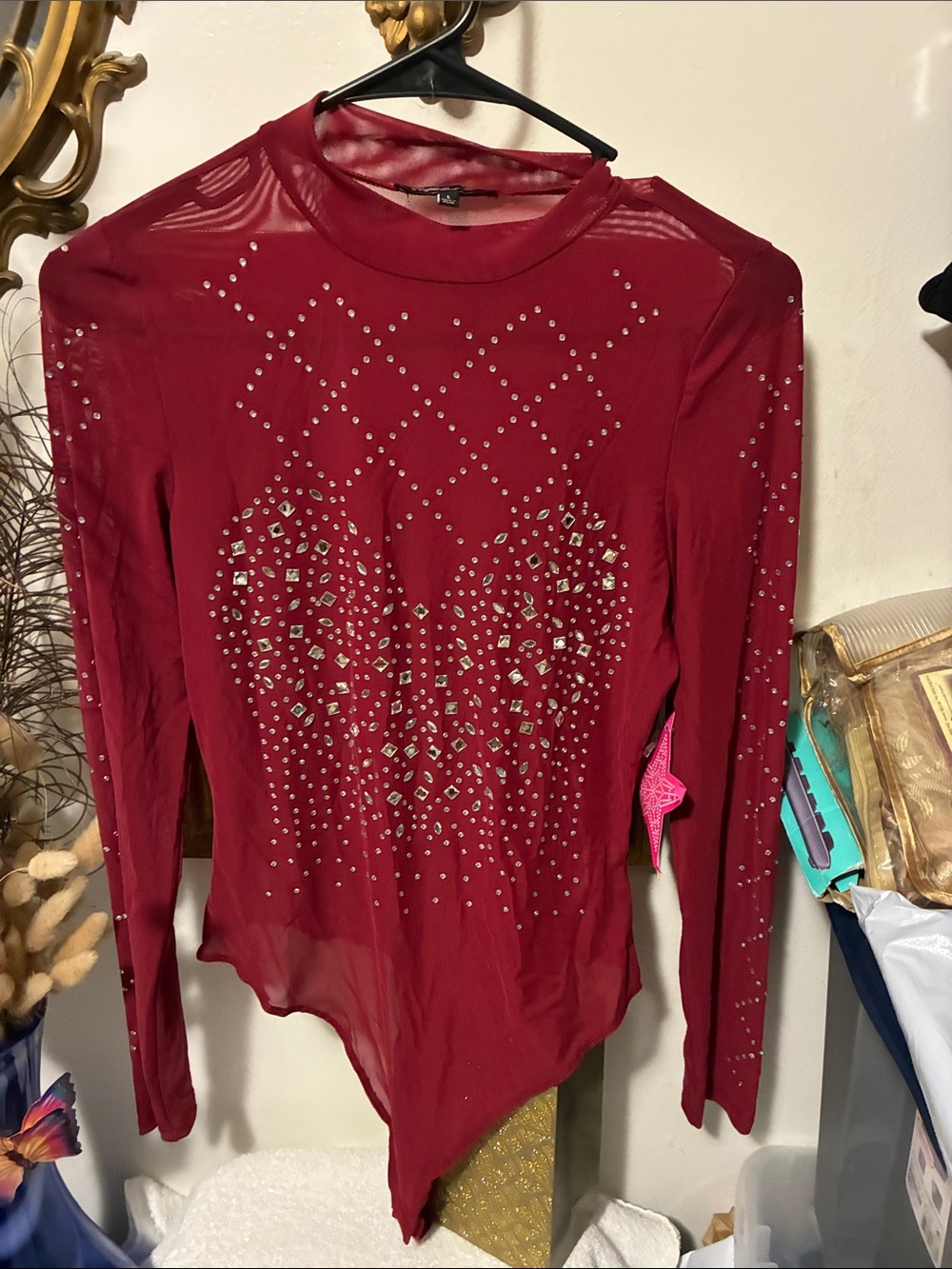 Embellished Red Mesh Long-Sleeve Bodysuit